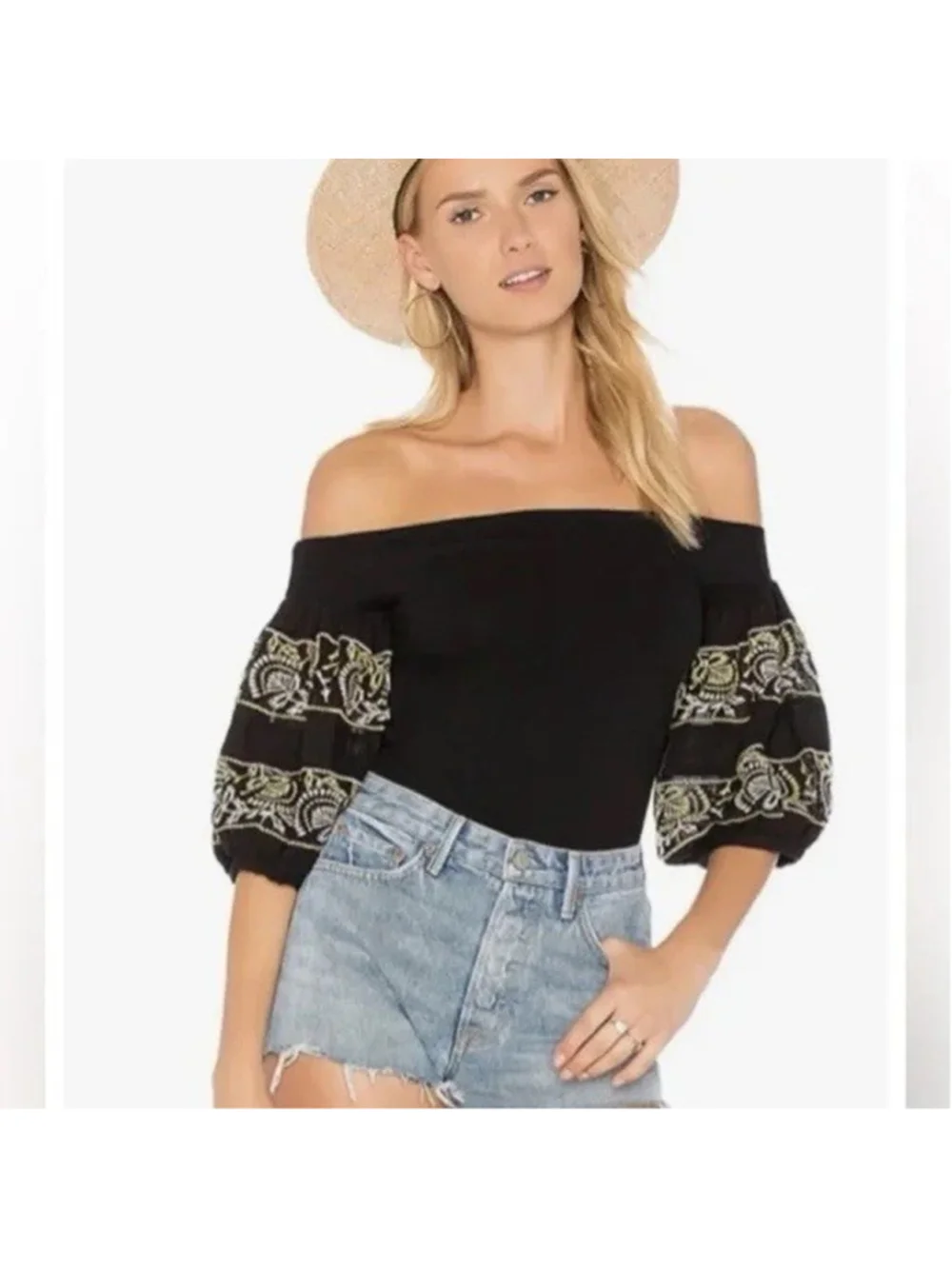 Free People Rock With It Embroidered Puff Sleeve Off Shoulder Top Shirt Medium